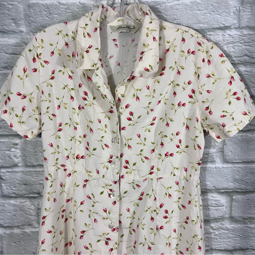 VTG 100% Linen Eddie Bauer Floral Button-Up Shirtdress Cottagecore Chic - Picture 4 of 13